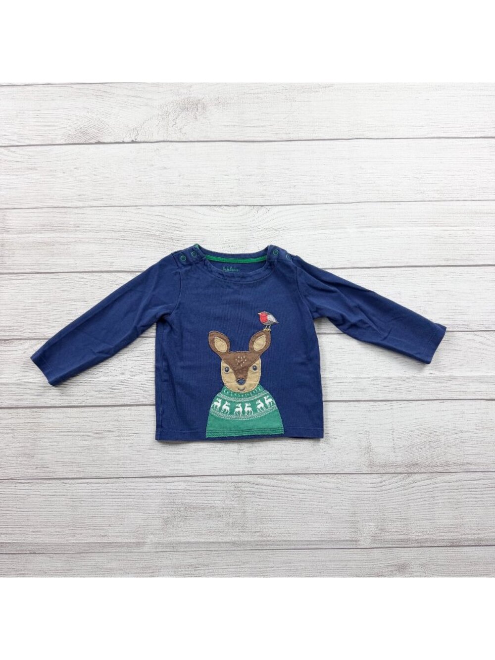 Baby Boden Navy Blue Long Sleeve Top Deer Appliqué 12-18 Months